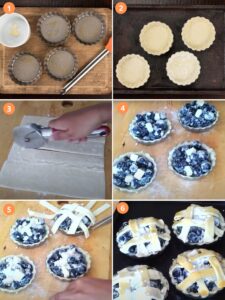 Step 3 Assemble the Mini Blueberry Pie - Six part process step (1) buttered tart pan (2) tart tins with puff pastry in them (3) slicing strips of pie crust for lattice (4) filling the tarts (5) making the lattice on top of the filled tarts (6) completely assembled tarts