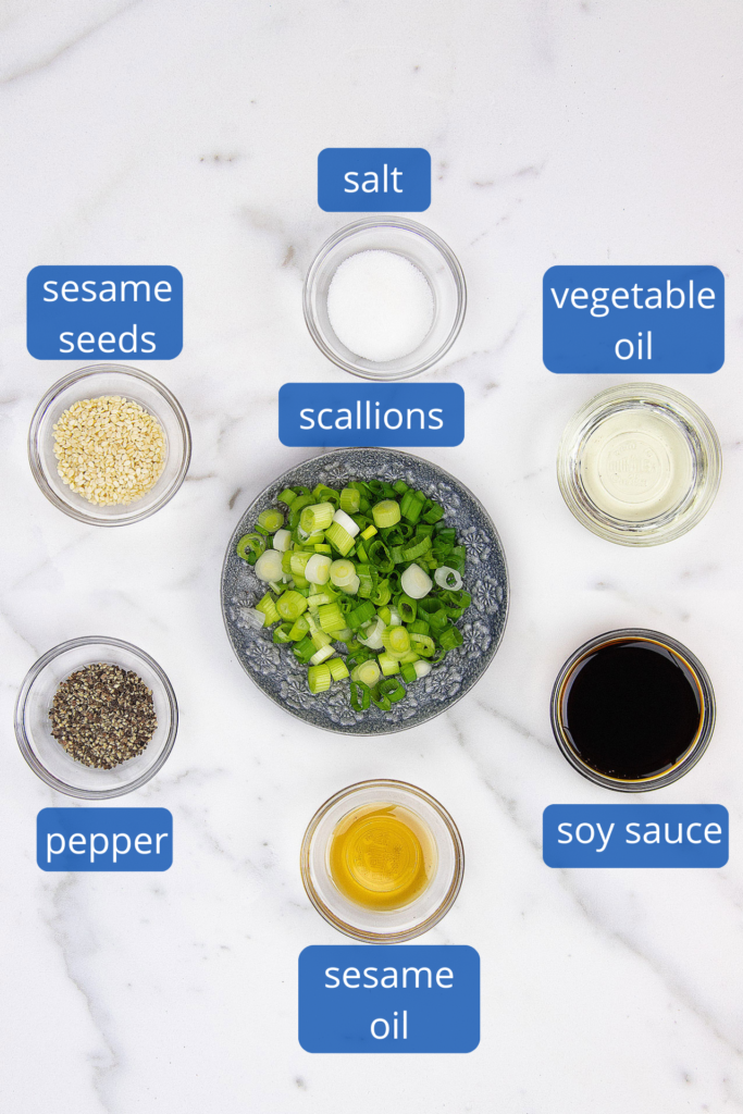 Sauce ingredients for Benihana Fried Rice - salt, pepper, sesame seeds, vegetable oil, soy sauce, sesame oil