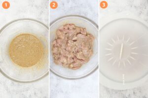Manchurian Chicken - Marinate the Chicken in 3 steps: (1) Mix the marinade, (2) Mix the marinade with the chicken (3) Cover and marinate in the refrigerator