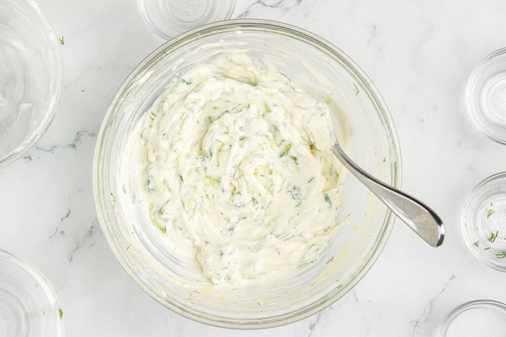 The Tzatziki sauce after all the ingredients have been mixed together.