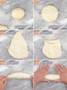 Step Four - Shape the banh mi in six steps. (1) place the dough ball on a greased surface (2) flatten the ball (3) flatten the ball into a triangular shape and slap it down - the triangle will be taller than it is wide (4) staring from the narrow tip of triangle pressing the dough down in a crescent as the mid-section will bulge (5) pinch in the final layer to seal the dough (6) using flat hands shape the ends into a point