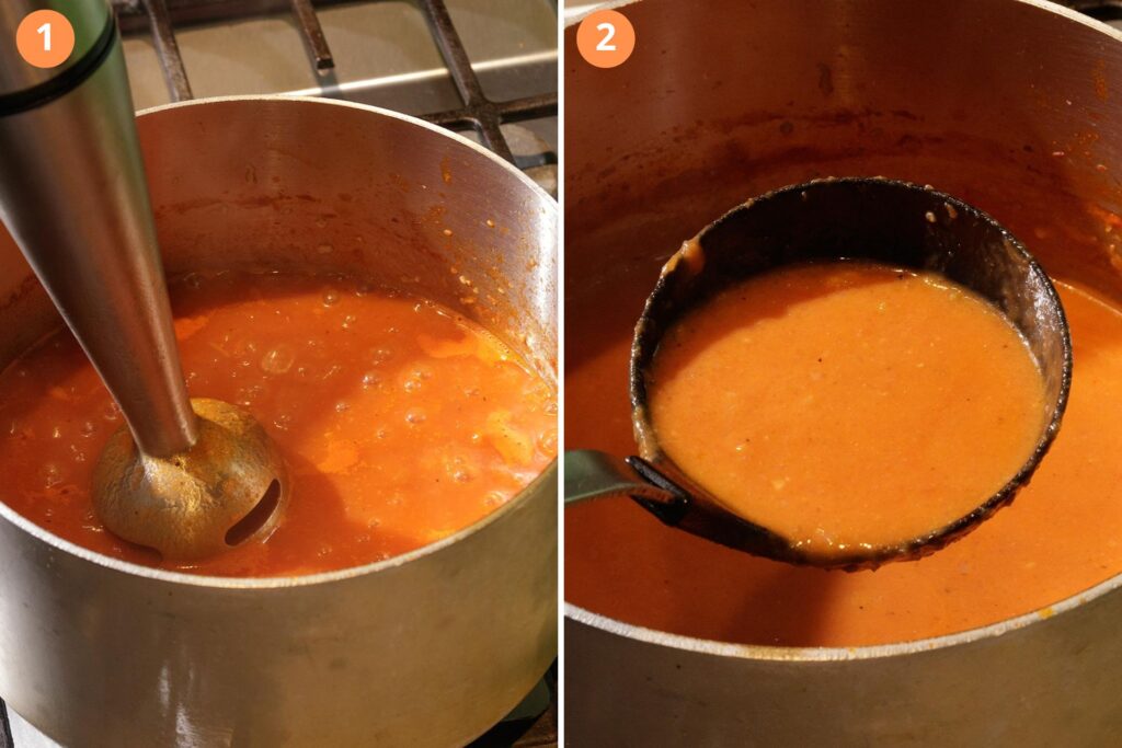 Blend the Tomato Basil Bisque Soup - 2 step shot - one picture shows an immersion blender in the soup.  The second shows how creamy and smooth the soup is after blending.