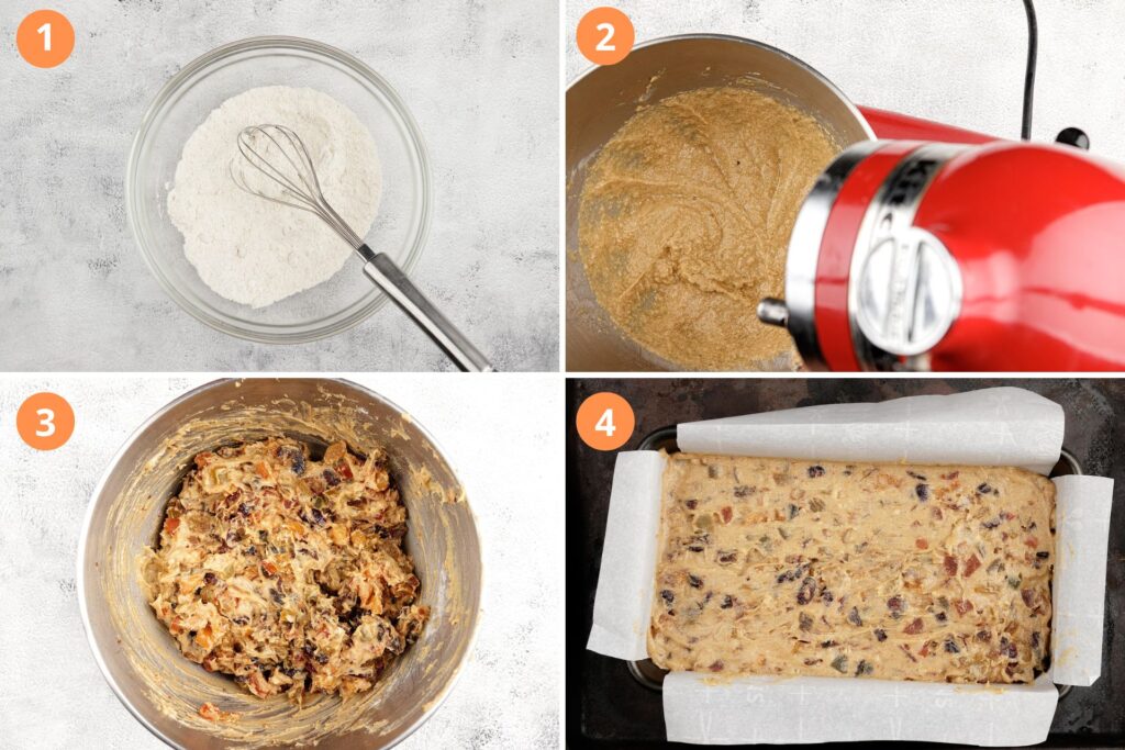 Make the batter. Four step process shot (1) mixing the dry ingredients with a whisk (2) mixing the wet ingredients in a stand mixer (3) mixing the pecans, fruit mixture, wet and dry ingredients in a bowl (4) fruit cake batter poured into a lined loaf pan