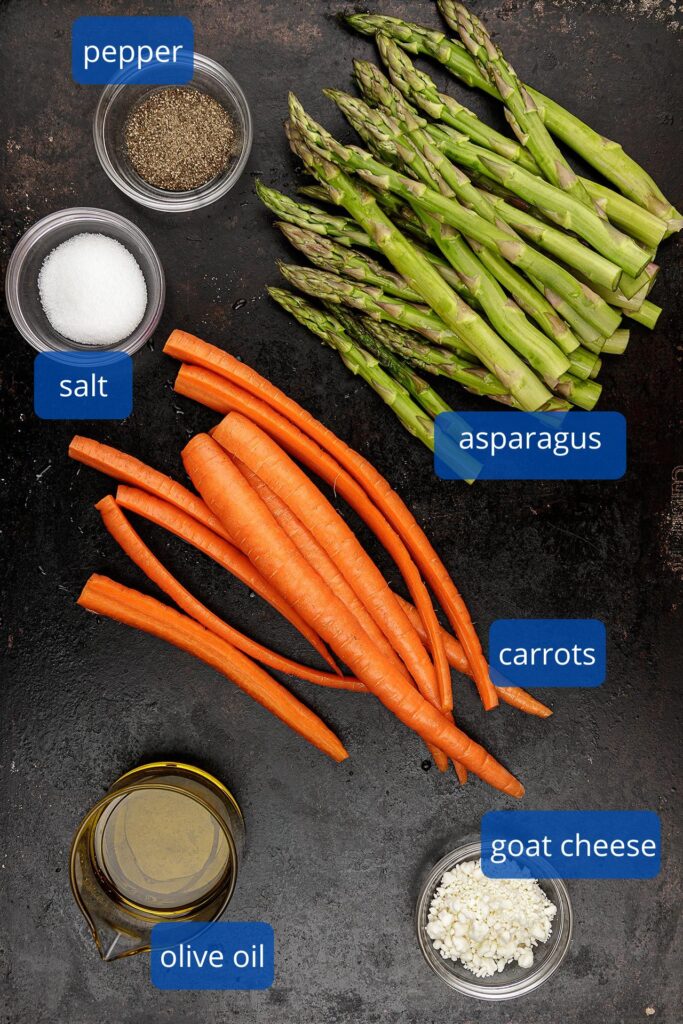 Ingredients for Roasted Carrots and Asparagus - carrots, asparagus, salt, pepper, olive oil, goat cheese
