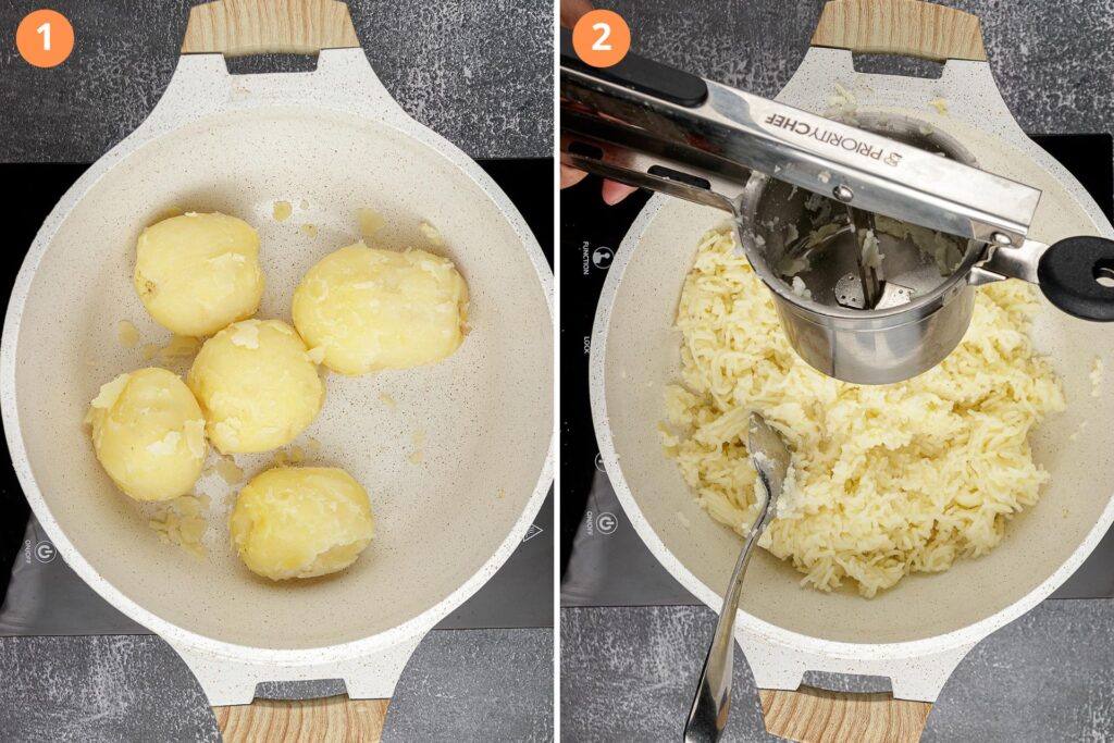 Dry and press the potatoes through a ricer - 2 step process shot (1) dry the peeled potatoes on the stove in a pot (2) Rice the potatoes