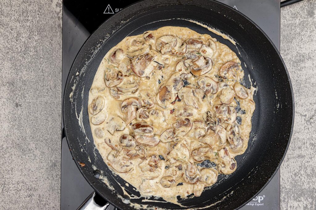 Creamy mushroom sauce in a pan