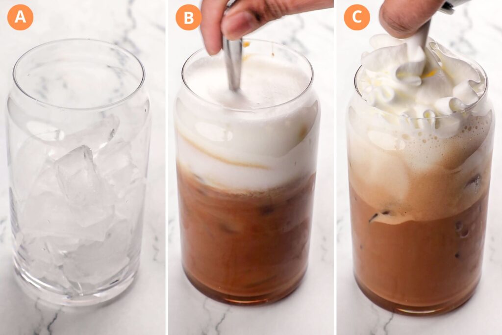 Assemble the Iced White Chocolate Mocha (1) pour ice cubes into a glass (2) pour in the espresso and cold foam (3) top with whipped cream